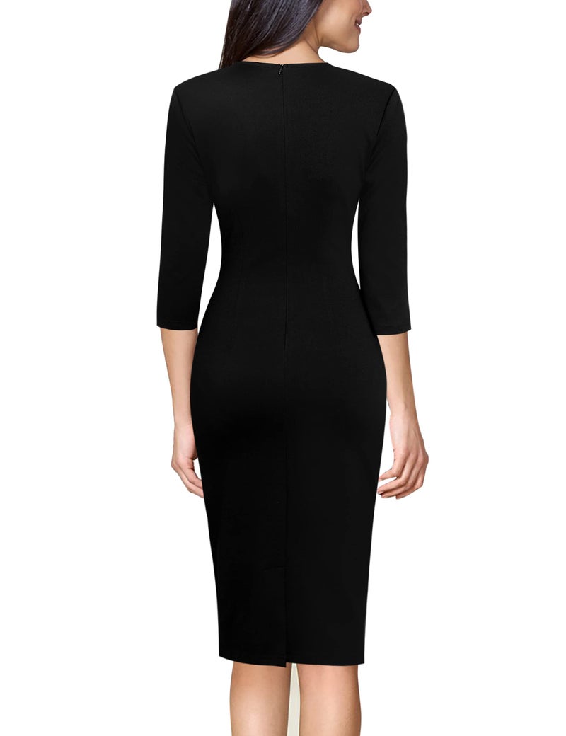 VFSHOW Womens Vintage Square Neck Work Office Business Dress Elegant Casual Cocktail Party Church Bodycon Pencil Sheath Dress (Black, Medium) 3560 BLK M - Image 2